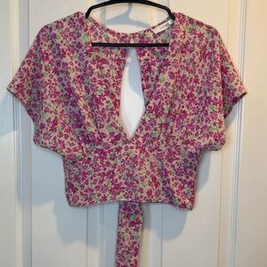 Lush Pink Floral Wrap Crop V Neck Tie Back Blouse Size S